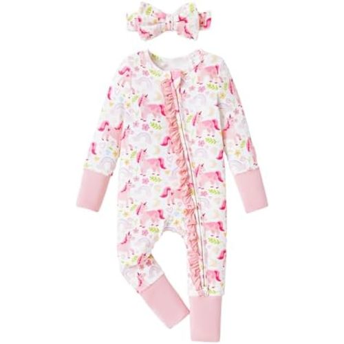 PATPAT Baby Footie Girls - Supersoft Bamboo Viscose - Unisex Infant Clothes - 2 Way Zipper & Mitten & Ruffle Trim & Headband
