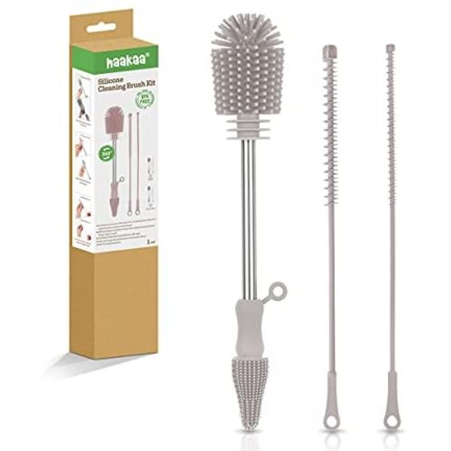 Haakaa Silicone Cleaning Brush, Baby Bottle Brush, Bottle Brush Cleaner Set, Reusable Cleaning Brush for Haakaa Pump, Milk Storage Bags, Straws. All-Round Cleaning, Sturdy Bristles. Gray.