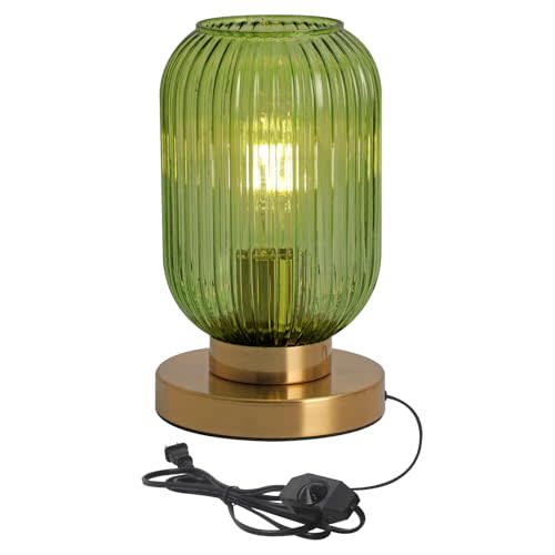 Green Table Lamp Dimmable Ribbed Glass Bedside Table Lamp Modern Globe Table Lamp Small Vintage Nightlight Lamp Mid Century Nightstand Lamp with Plug-in Style for Bedroom Living Room Office
