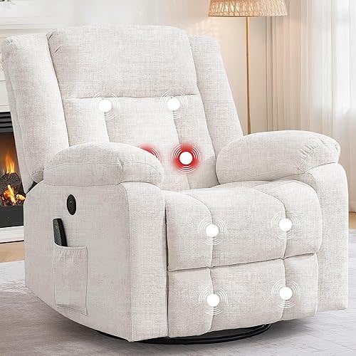 Korser Rocker Recliner, Glider Recliner Chairs for Adults, 360° Swivel Rocking Chair with Massage and Heating, Nursery Chair with Storage and USB Charging, Ivory White, Swivel Rocker Recliner
