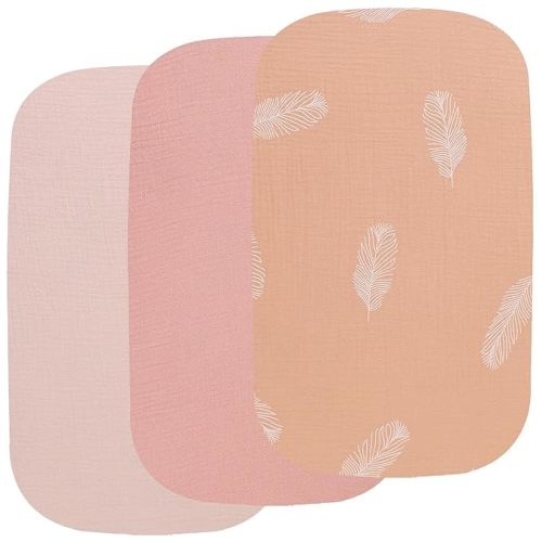 Onacosht Muslin Bassinet Sheets 3 Pack, 100% Cotton Baby Sheet 35" X 20" Compatiable with AMKE 3 in 1 Bassinets, MiClassic, Uiuwoo, Foalom, YADAQE, Milliard and TCBunny Bassinet, Pink and Feather