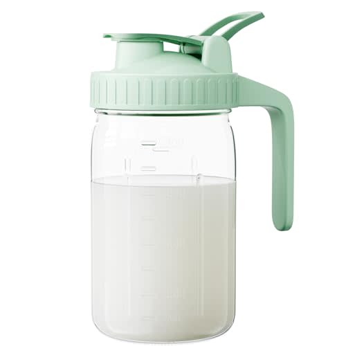 Breast Milk Pitcher, Mason Jar 32 oz, Heavy Duty Wide Mouth Jar with Green Flip Cap Lid and Pour Spout, Airtight Seal for Freshness and Convenience, Great for Cold Beverages and Home Entertaining