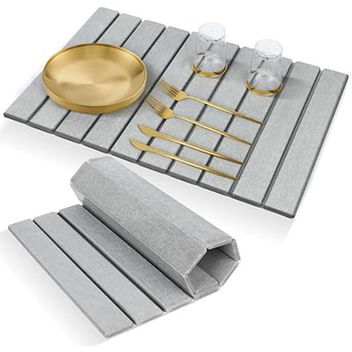 24”×16” Large Stone Drying Mat Collapsible Diatomaceous Earth Dish Drying Mat for Kitchen Counter Fast Dry Absorbent Kitchen Counter Pad for Cups Dishes Bottles Pots, Suitable for Any Countertop, Gray
