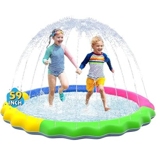 VISTOP Non-Slip Splash Pad for Kids and Dog, Thicken Sprinkler Pool Summer Outdoor Water Toys - Fun Backyard Fountain Play Mat for Baby Girls Boys Children or Pet Dog (59 inch, Red&Yellow&Green&Blue)