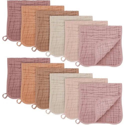 SWEET DOLPHIN 12 Pack Muslin Burp Cloths Large 100% Cotton Burping Clothes for Baby Drool - Absorbent and Soft Boys & Girls Milk Spit Up Rags for Newborn Essentials Registry - Neutral Retro