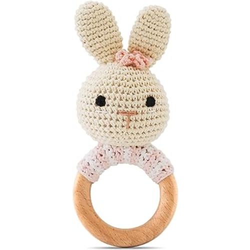 Wooden Baby Rattle，Crochet Bunny Rattle with Wood Ring, Newborn Wooden Animal Rattle Toy，Infant Bunny Wood Rattle Toys，Bunny-2