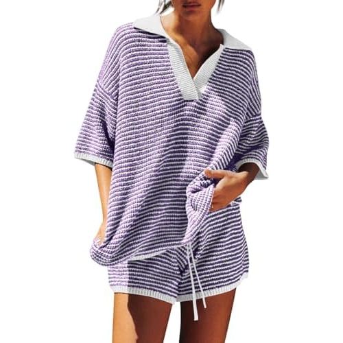 Tankaneo Womens Sweater Set 2 Piece Outfits Oversized 3/4 Sleeve V Neck Knit Tops High Waisted Shorts Lounge Sets