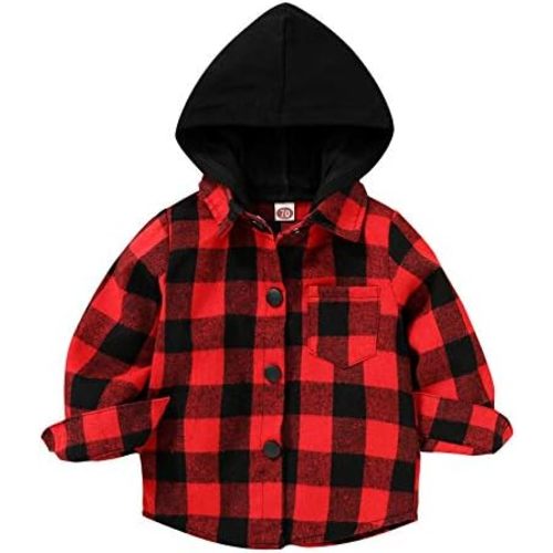 YOUNGER STAR Toddler Kids Boys Girls Flannel Hooded Plaid Shirt Button Baby Red Clothes
