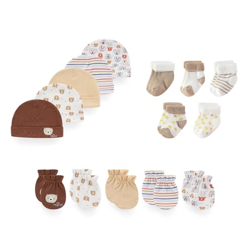 JELYLOVE 15 Pack Unisex New Born Boy Girls Hats Mittens Socks Sets Cotton Soft Infant Accessory 0-6 Months Baby Essentials