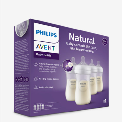 Philips Avent Natural Baby Bottles with Natural Response Nipples (Medium Flow, Flow 3), 9oz, 4-Pack, SCY903/04