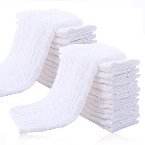 Cute Castle 24 Pack Muslin Baby Burp Cloths - Ultra-Soft 100% Cotton Baby Washcloths - Large 20'' by 10'' Super Absorbent Milk Spit Up Rags - Burpy Cloths for Unisex, Boy, Girl - White - 20x10 Inch (Pack of 24)