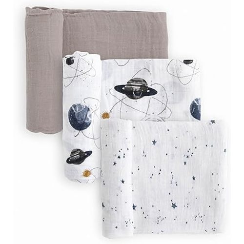Little Unicorn Premium Muslin Swaddle Blanket 3 Pack | for swaddling, Play, Nursing & More | Giftable Set of 3 (Planetary 2)