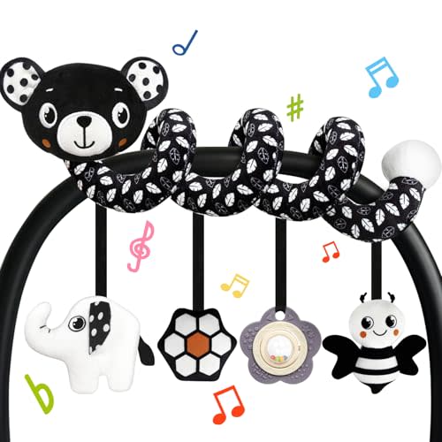 TSYAN Car Seat Toys for Babies 0-6 Months,Hanging Rattle Toys for Crib Mobile, Baby Spiral Hanging Stroller Black and White High Contrast Toys for Newborn 0 3 6 9 12 Months Baby Boys Girls (Bear)