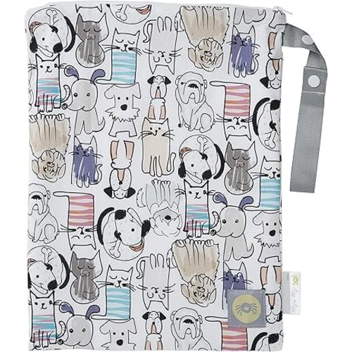 Itzy Ritzy Sealed Wet Bag with Handle – Wet Bag for Travel, Swimsuits, Cloth Diapers, Gym Clothes & Toiletries - Washable & Reusable with Water Resistant Lining - Measures 11” x 14” (Cats & Dogs)