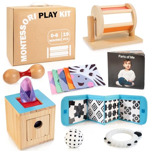WOODMAM Montessori Toys for Babies 0-6 Months, 9 in 1 Learning Educational Sensory Toys for Newborn 0-3-6 Months, Includes High Contrast Cards, Baby Tissue Box Toy, Spinning Drum, Teether and More