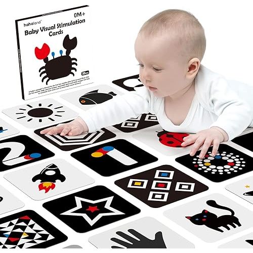 hahaland High Contrast Baby Flashcards - Black and White Infant Baby Cards 0-6 Months Tummy Time 0-3-6 Months Montessori Sensory Cards 20 PCs 6''×6'' Newborn Brain Visual Stimulation Baby Boy Gifts