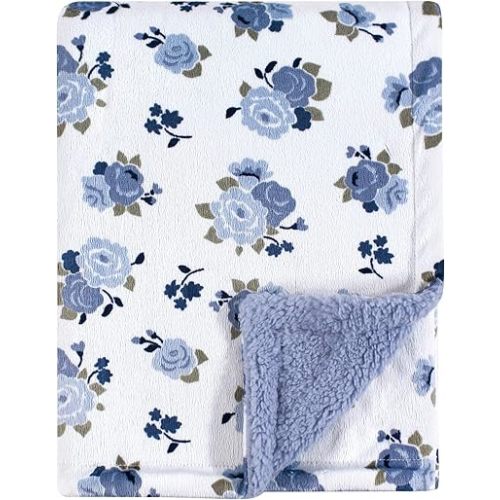 Luvable Friends Unisex Baby Plush Blanket with Sherpa Back, Blue Floral, One Size