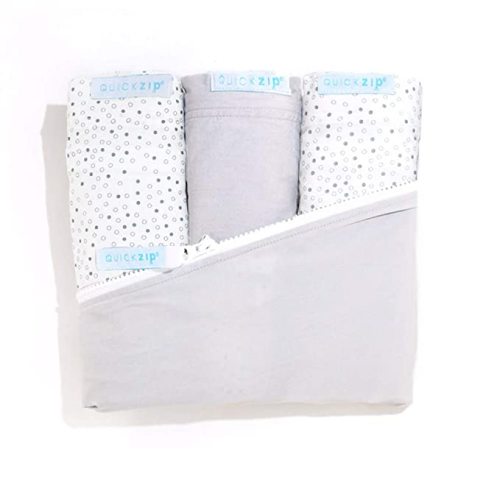 QuickZip Crib Sheet Set - Faster, Safer, Easier Baby Crib Sheets - Includes Gray Wraparound Base & 3 Zip-On Sheets - 2 Gray Dot Cotton, 1 Gray Cotton - Fits All Standard Crib Mattresses - 3 Gray/Gray Dot