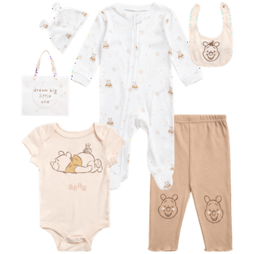 Disney Newborn Baby Layette Set - 6 Piece Disney Bodysuit Coveralls Sweatpants, Hat, Gift Bag (0-6M)