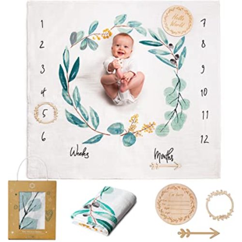 Baby Milestone Blanket | Cotton Muslin Blanket | Monthly Milestone Blanket for Baby Boy or Girl, Unisex | Newborn Baby Shower Present for New Mums | Flowers & Leaves Theme | Includes Wooden Frames