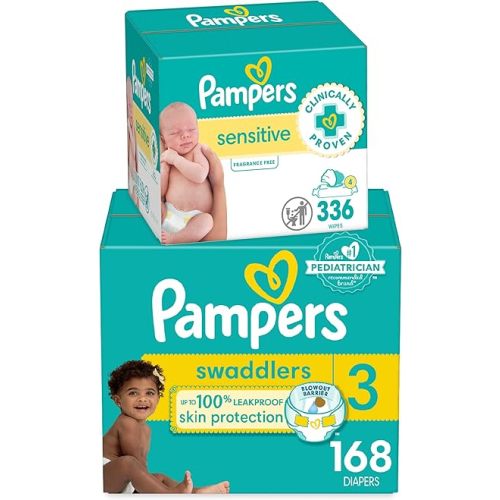 Diapers Size 3, 168 Count and Baby Wipes - Pampers Swaddlers Disposable Baby Diapers and Water Baby Wipes Sensitive Pop-Top Packs, 336 Count (Packaging May Vary)