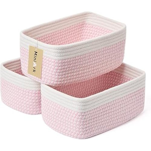 Shelf Storage Baskets for Organizing | Closet Organizer Bins | Small Baskets | Toy Basket | Cube Decorative Box | Shallow Basket | Woven Rope Basket | 11.5×7.5×4.7” | 3 Packs White Pink