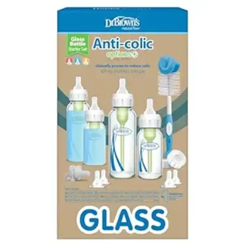 Dr. Brown's Anti-Colic Options+ Narrow Glass Baby Bottle Starter Set with Level 1, 2, and 3 Nipples, Silicone Sleeves, Soft-Touch Brush, Travel Caps, and HappyPaci, 0m+ (Packaging May Vary)