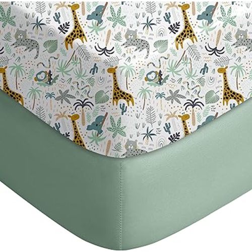 Yoofoss Pack and Play Sheets Fitted, Mini Crib Sheets 2-Pack for Pack N Play Mattress, Stretchy Playard Sheet, Soft and Breathable Green+Giraff