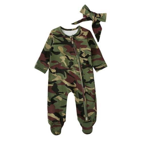 Infant Baby Boy Long Sleeve Camouflage Romper Headband Suit