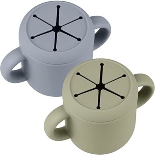 Snack Containers, Silicone Snack Cups for 6-12 Months Toddlers - Pack of 2 Food Grade Silicone Snack Cups with Grip Handle for Baby Led Weaning, Unbreakable (Sage/Ether)