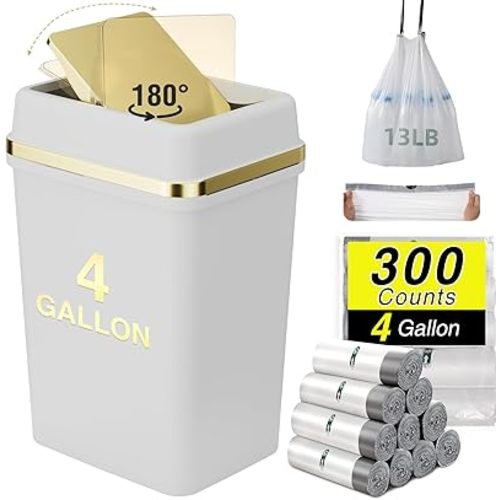 Bathroom Trash Can with Lid 4 Gallon Trash Can Small Garbage Can White Trash Can with 300 Counts Trash Bags for Kitchen Bedroom Office Dorm