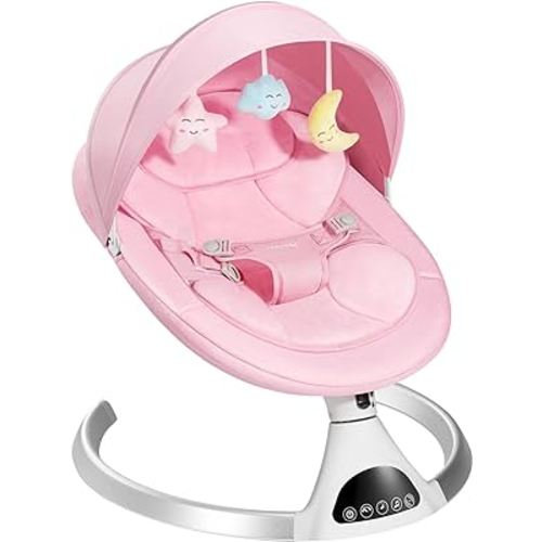 Electric Baby Swings for Infants to Toddler, Portable Babies Rocker Bouncer for Newborn Boy and Girls, Motorized Bluetooth Swing, Music Speaker with 12 Preset Lullabies, Remote Control Pink