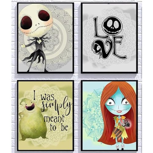 Silly Goose Gifts Nightmare Before Christmas Themed Character Wall Art Decor Baby Nursery Love (4pc Love Art Set)