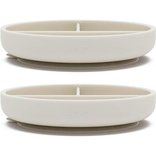 Lalo Suction Plates - 2 Pack, 100% Silicone Non-Toxic BPA-Free Baby Plates with Suction Base To Prevent Accidental Tip-Overs - Suction Plates for Toddlers With Three Divided Sections - Oatmeal