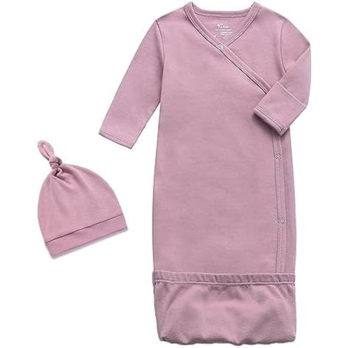 O2 BABY 100% Organic Cotton Kimono Gown with Mittens & Fold-Over Pouch, Unisex Long Sleeve Infant Sleeper Sleeping Bag