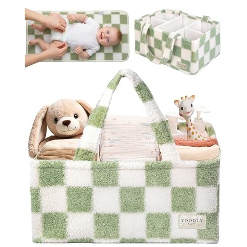 Toodly Checkered Diaper Caddy Organizer with Portable Changing Mat - Teddy Fleece Diaper Organizer for Changing Table - Caddy Organizer with Removable Dividers - Green and White