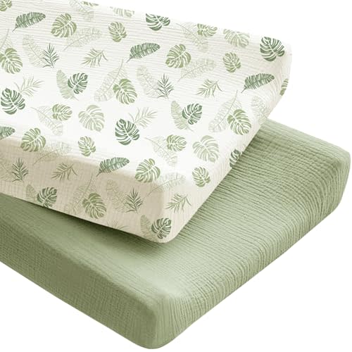 Konssy 2 Pack Muslin Changing Pad Covers for Boys, Ultra Soft & Breathable Cotton Baby Diaper Changing Table Covers, Neutral Nursery Diaper Changing Pad Sheets (Palm Paradise, Sage)