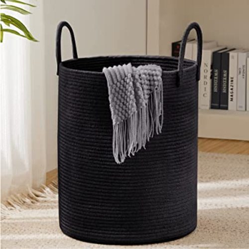 Woven Rope Laundry Hamper Basket, 58L Tall Laundry Basket, Baby Nursery Hamper for Blanket Storage, Clothes Hamper for Laundry in Bedroom-Large- Black