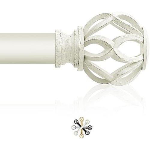 White Decorative Farmhouse Curtain Rod:18-45"Adjustable Heavy Duty Single Window Curtain Rod for Bedroom Living Room,Antique White Boho Rustic Drapery Rods with Vintage Twist Finial Easy Install