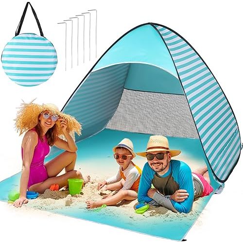Easy Pop Up Beach Tent 2-3 Person Sun Shelter Lightweight Family Beach Shade UPF 50+ Anti UV Portable Beach Umbrella Automatic Instant Sunshade Cabana Canopy with Carry Bag for Baby Adults Family