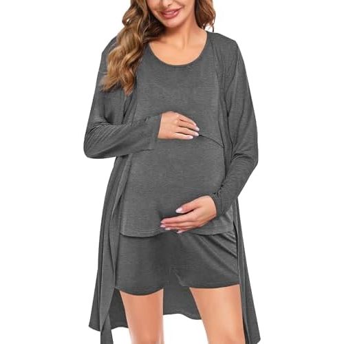 SWOMOG Maternity Nursing Robe Set 3 Piece Postpartum Pajamas Women Breastfeeding Pregnancy Hospital Labor Delivery Pjs
