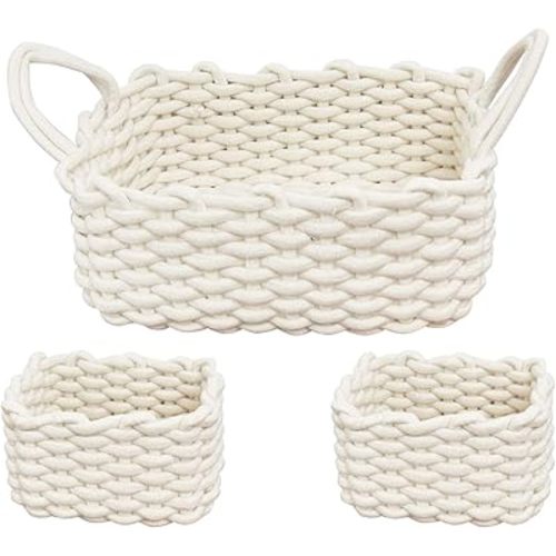 Woven Baskets, Set of 3 for Home, Office, Dorm Room, Living Room, Bedroom, Bathroom, Nursery Storage and Organization (WHITE)