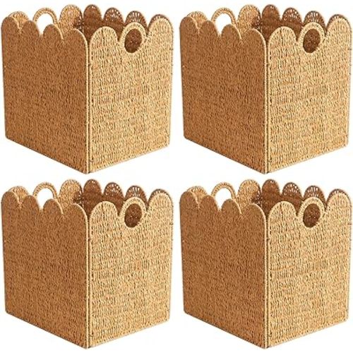 Scalloped Wicker Storage Cubes Basket, 12”x12“ Heavy Duty Paper rope/Hyacinth/Seagrass Baskets for Shelves, Foldable Natural Boho Square Bins (Paper Rope, 12 x 12 x 12in, 4-Pack)