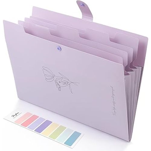 SKYDUE Expanding File Organizer with 5 Pockets, Accordion File Folders with Labels, Portable Document Paper Bill Receipt Organizer, Home College School Office Supplies, Letter Size, Lilac