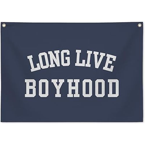 Long Live Boyhood Linen Banner for Boys Room Decor, Rustic Fabric Wall Hanging for Playroom & Nursery, Boyhood Room Wall Art Sign, 28x20in - A07