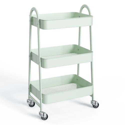 ZUNMOS 3 Tier Rolling Storage Cart, Metal Organizer with Lockable Wheels, Mesh Shelves, Green