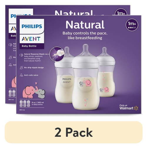 (2 pack) Philips Avent Natural Baby Bottle with Natural Response Nipple (Medium Flow, Flow 3), with Pink Elephant Design, 9oz, 3pk, SCY903/62