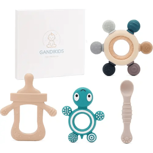 Baby Silicone Teething Ring Teether Gift Set for Boys and Girls Over 3 Months Soothes Gums Fits Small Hands Ergonomic Design Set of 4 Toys Ideal Gift Box BPA Free