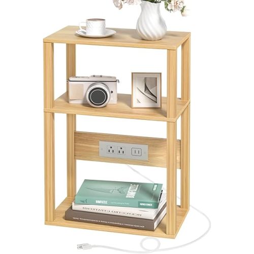 3-Tier Small Narrow Bamboo Side Table with Charging Station, Skinny Nightstand for Small Space, Slim Bedside Table with Storage for Couch, Wooden Thin End Table with USB Ports and Outlets, Natural