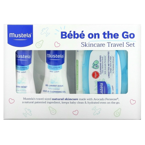 Mustela Bebe On-The-Go Travel Set - Baby Skin Care & Bath Time Gift Set - Natural & Plant-Based - 3 Items Set - Packaging may vary